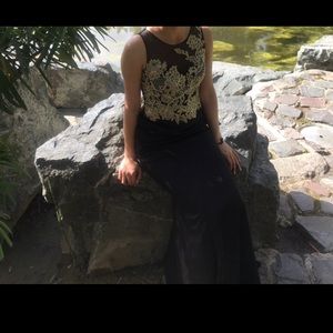 Camille La Vie Black and Gold Prom Dress